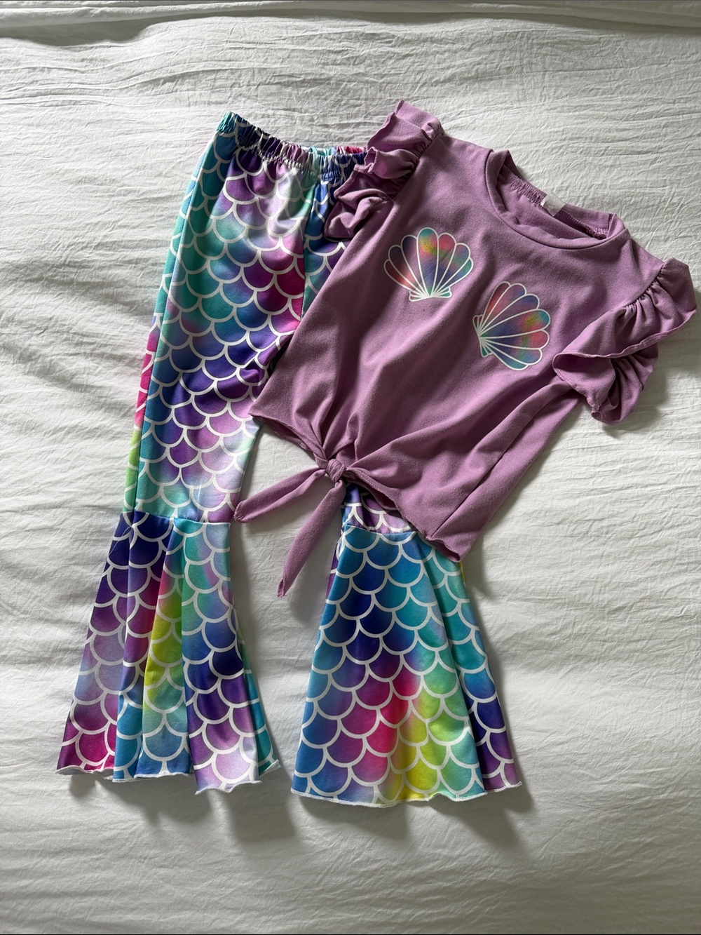 Purple Mermaid Shell Top & Rainbow Scale Flare Pants Set